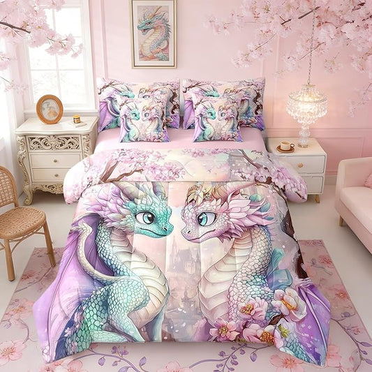 Western Dragon Couple Bedding Set,Japanese Cherry Blossom Twin Comforter Set with Sheets for Kids Teens Room Decor,Pastel Girly Pink Castle Bed in a Bag 7 Piece for Bedroom Living Room