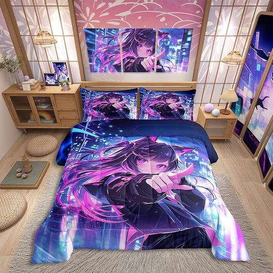 Erosebridal Kids Anime Girl Toddler Size Comforter Set, Japanese Anime Bedding Set, Cartoon Girl Quilt for Boys Teens Bedroom Decor, Kawaii Japanese Animation Duvet Insert with 1 Pillow Case
