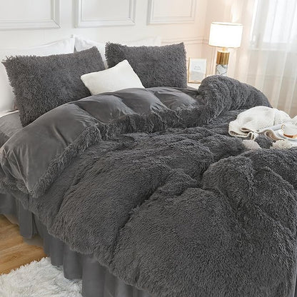 Andency Faux Fur Dark Grey Comforter Full Size, 3 Pieces Fluffy Fuzzy Plush Gray Bedding Comforter Set (1 Shaggy Velvet Comforter & 2 Pillowcases), Soft Puffy Comfy Bedding Set