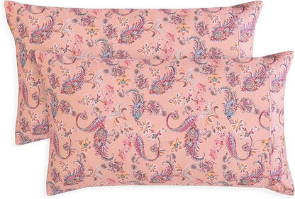 Elegant Comfort Ultra Soft Set of 2 Floral Print Pillowcases - 1500 Premium Hotel Quality Microfiber, Soft and Smooth Envelope Closure 2-Piece Pillow Covers - Standard/Queen, Paisley Coral