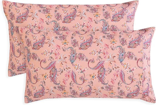 Elegant Comfort Ultra Soft Set of 2 Floral Print Pillowcases - 1500 Premium Hotel Quality Microfiber, Soft and Smooth Envelope Closure 2-Piece Pillow Covers - Standard/Queen, Paisley Coral