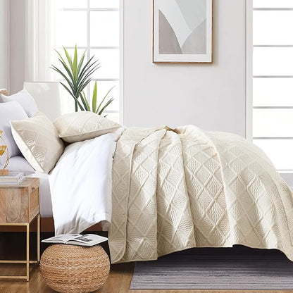 Yiran Quilt King Size Beige Summer Bedspreads Bedding Set 3 Pieces Thin Lightweight Microfiber Coverlet with 2 Pillow Shams for All Season