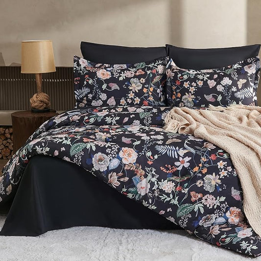 7 Piece Queen Comforter Set, Black Butterfly Floral Comforter Set with Flowers Leaves Pattern, Soft Microfiber Complete Bedding Set for All Season(Black, Queen)