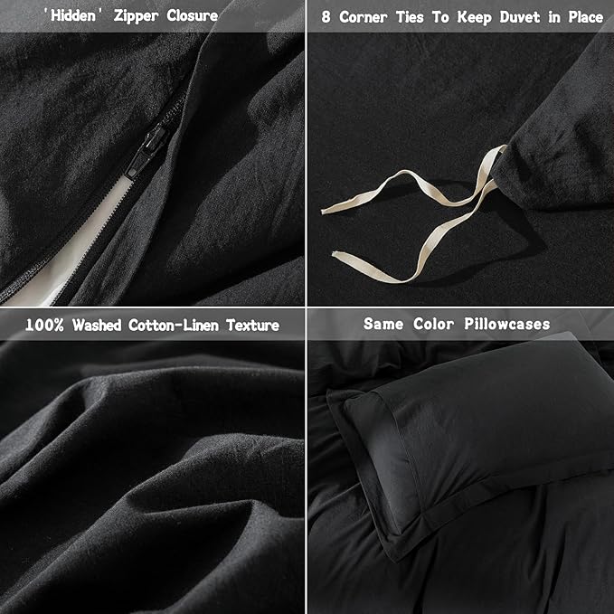Black Duvet Cover Super Queen Size 100% Washed Cotton Bedding Set Cover 1 Duvet Cover with Zipper Closure and 2 Pillowcases, 98inch x 90inch