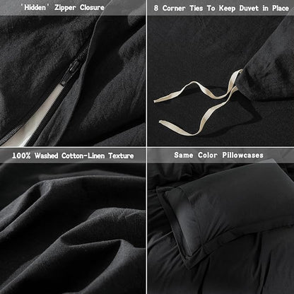 Black Duvet Cover Super Queen Size 100% Washed Cotton Bedding Set Cover 1 Duvet Cover with Zipper Closure and 2 Pillowcases, 98inch x 90inch