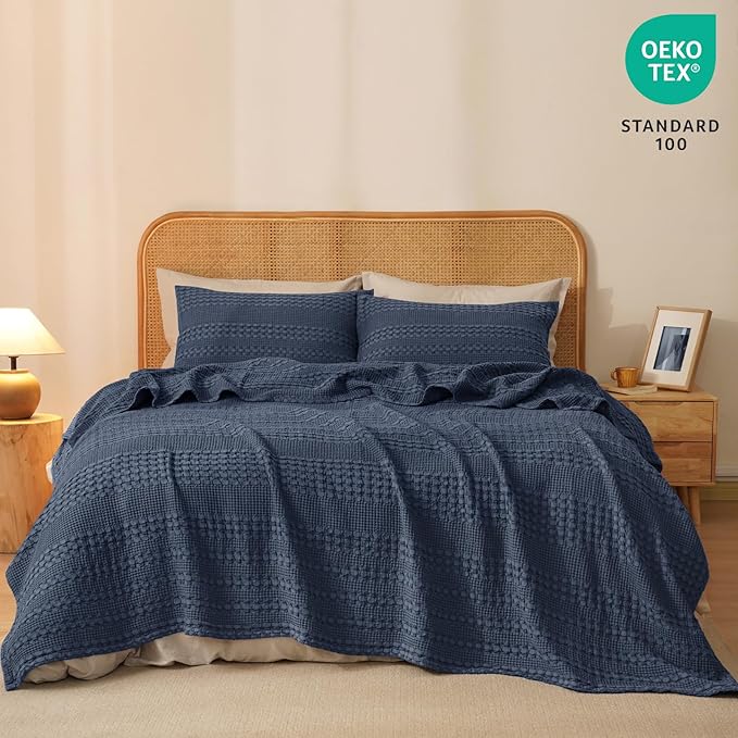 PHF 100% Cotton Waffle Weave Blanket Queen Size for Bed, Soft Lightweight & Breathable for Spring and Summer, All-Season Comfort, Luxury Aesthetic Blanket for Home Decor, 90"x90", Indigo
