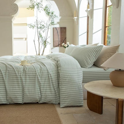 Sage Green and White Striped Duvet Cover,100% Washed Cotton Breathable and Linen Like Bedding Set(Strip-Sage Green/White,Full)