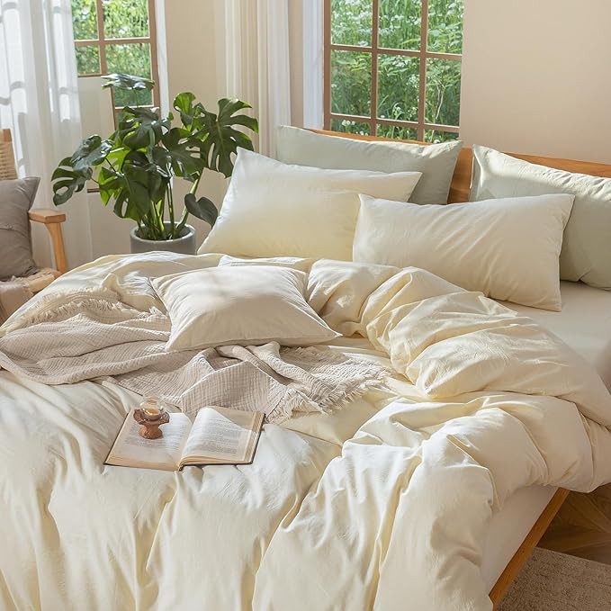 MooMee Bedding Duvet Cover Set 100% Washed Cotton Linen Like Textured Breathable Durable Soft Comfy (Solid Cream, Palatial King/Oversized King 120"x90")