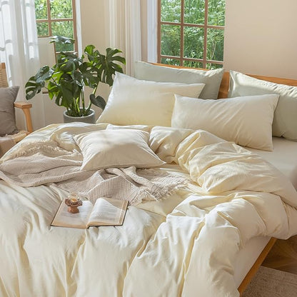 MooMee Bedding Duvet Cover Set 100% Washed Cotton Linen Like Textured Breathable Durable Soft Comfy (Solid Cream, Palatial King/Oversized King 120"x90")