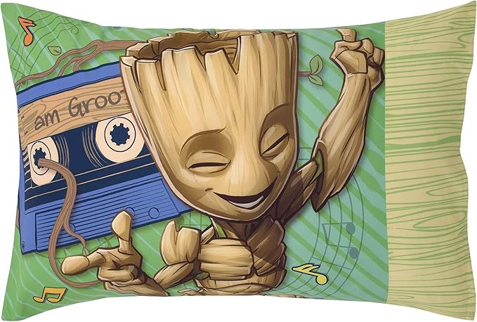 NoJo Marvel Guardians of The Galaxy I Am Groot Green and Blue 4 Piece Toddler Bed Set - Comforter, Fitted Bottom Sheet, Flat Top Sheet, and Reversible Pillowcase