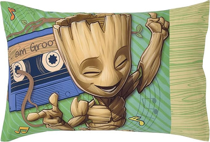 NoJo Marvel Guardians of The Galaxy I Am Groot Green and Blue 4 Piece Toddler Bed Set - Comforter, Fitted Bottom Sheet, Flat Top Sheet, and Reversible Pillowcase