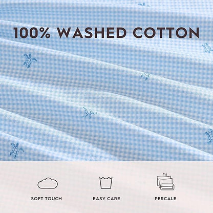 Laura Ashley - Full Sheets, Cotton Percale Bedding Set, Lightweight & Breathable Home Decor (Turtle Gingham Blue, Full)