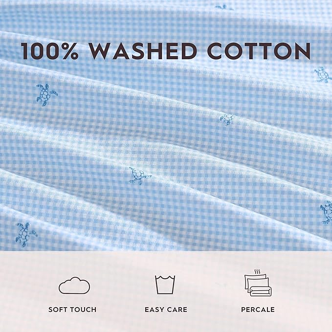 Laura Ashley - Queen Sheets, Cotton Percale Bedding Set, Lightweight & Breathable Home Decor (Turtle Gingham Blue, Queen)