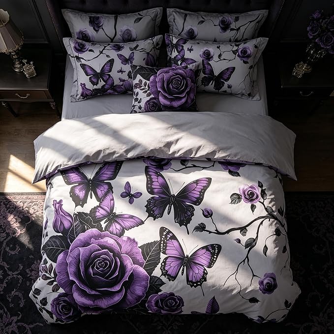 Grey Vintage Floral Comforter Set King Size, Purple Floral Bedding Set for Gothic Bedroom Decor, 3 Pieces Soft Microfiber Lightweight Comforter Set with 2 Pillowcases, 90"x104"