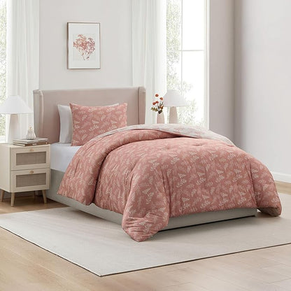 Nestl Twin/Twin XL Comforter Set - Blush Bed in a Bag Twin, 2 Pieces Reversible Bed Set, Soft Floral Bedding Set for College Dorm, All Season Botanical Comforters with Pillow Sham