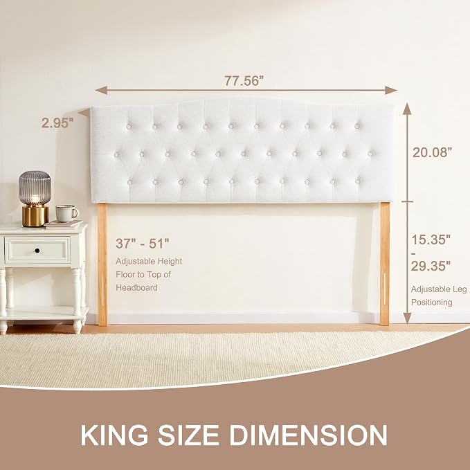 Tufted Headboard King Size, Solid Wood Adjustable Height Head Board, White | Upholstered King Headboard Only with Durable Solid Wood Legs, Adjustable Height 37-51 in, Fabric Button Diamond HeadBoards