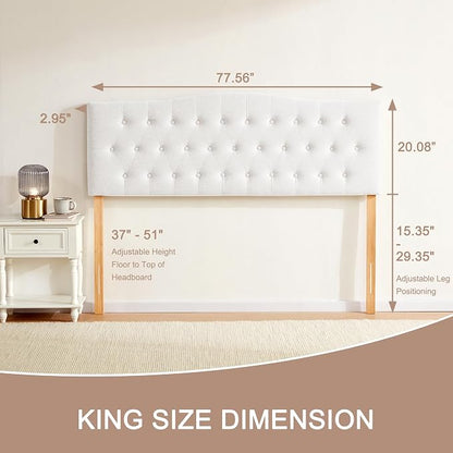 Tufted Headboard King Size, Solid Wood Adjustable Height Head Board, White | Upholstered King Headboard Only with Durable Solid Wood Legs, Adjustable Height 37-51 in, Fabric Button Diamond HeadBoards