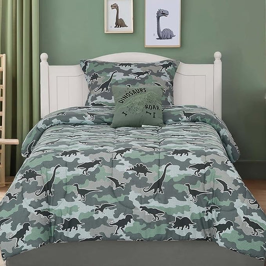 Twin Comforter Set for Boys-3 Pieces Dinosaur Glow in the Dark Twin Bedding Sets for Kids,1 Comforter,1 Sham and 1 Decor Pillow