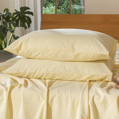 MooMee Bedding Pillowcases Pack of 2 100% Washed Cotton Linen Like Textured Breathable Durable Soft Comfy (Heathered Butter Yellow, Queen)