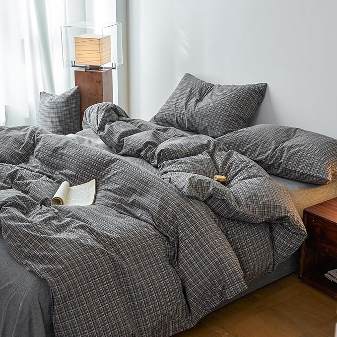 EAVD Vintage Style Grey Plaid Gingham Duvet Cover Full 100% Washed Cotton Like Linen Feel Soft Grid Plaid Bedding Set with 2 Pillowcases Farmhouse Grid Geometric Pattern Duvet Cover with Zipper