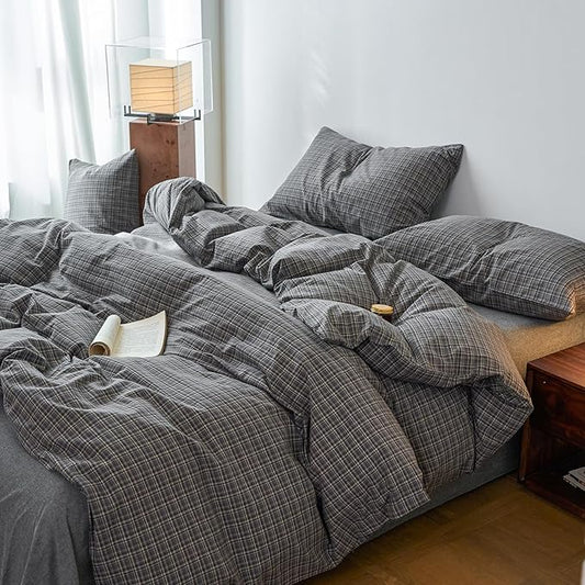 EAVD Vintage Style Grey Plaid Gingham Duvet Cover Full 100% Washed Cotton Like Linen Feel Soft Grid Plaid Bedding Set with 2 Pillowcases Farmhouse Grid Geometric Pattern Duvet Cover with Zipper