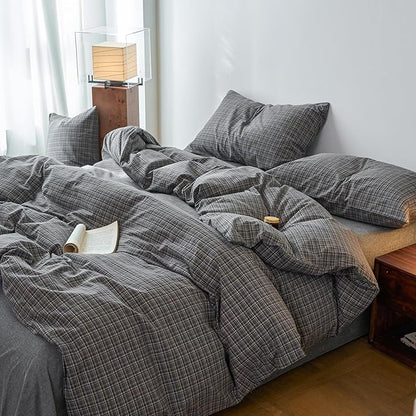 EAVD Vintage Style Grey Plaid Gingham Duvet Cover King 100% Washed Cotton Like Linen Feel Soft Grid Plaid Bedding Set with 2 Pillowcases Farmhouse Grid Geometric Pattern Duvet Cover with Zipper