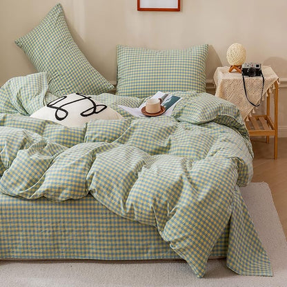 HighBuy Green Gingham King Comforter Set Blue Grid Plaid Bedding Comforter Set Fluffy Lightweight Soft Modern Checkered Pattern Comforter Set for All Season,Gingham Grid Bedding Set 3 Pieces