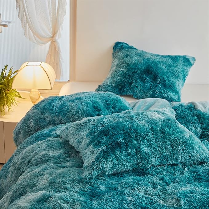 Wajade Faux Fur Plush White Comforter Set Fluffy Fuzzy Shaggy Bedding Set - 3PC Full/Queen Microfiber Soft Warm Quilt Set (Tie Dye Teal, King)