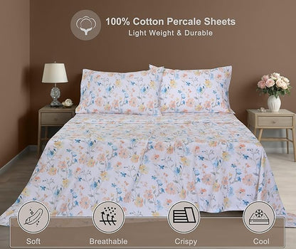 ZOYER 100% Cotton Sheets – Queen Size Percale Bedding, Cooling & Breathable, Durable with a Crisp, Soft & Comfortable Feel, 16" Deep Pocket, 4-Piece Set, Summer Spring