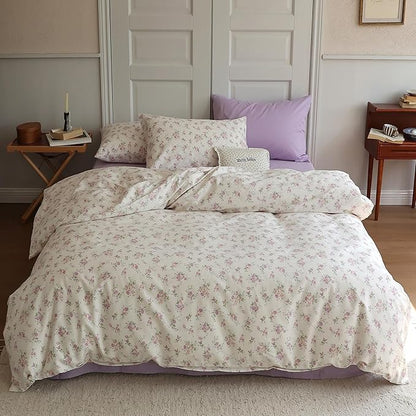 HighBuy Garden Floral Full Size Comforter Set Purple Flower Fluffy Boho Chic Floral Bedding Comforter Set 3 Piece Bedding Set Girls Fresh Botanical Comforter Set for All Season Bed Set