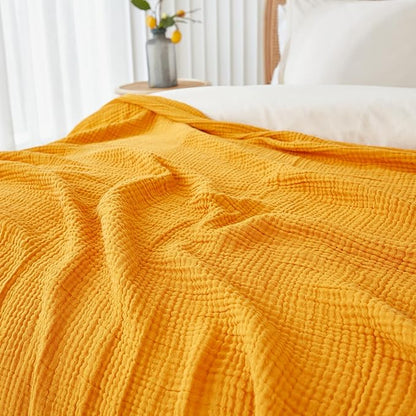 EMME Cotton Muslin King Blanket Bed Layering Breathable Gauze Blanket Soft Lightweight Blankets Adults (Mustard Yellow, 108"x90")