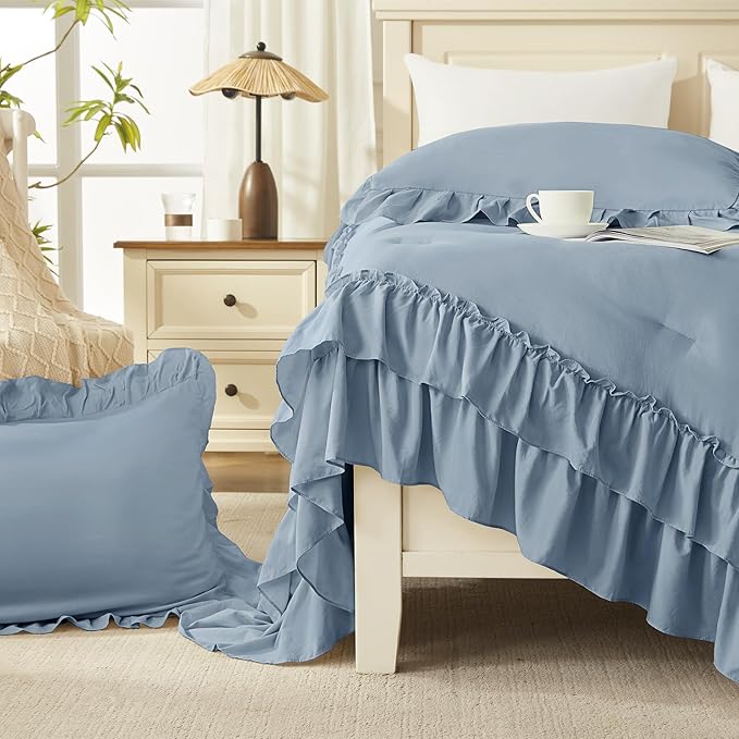 Andency Grayish Blue Queen Comforter Set, 3 Pieces Farmhouse Shabby Chic Ruffle Bedding Comforter Sets, All Season Lightweight Fluffy Soft Polyester Bed Set for Boys, Men, Adults (90x90Inch)