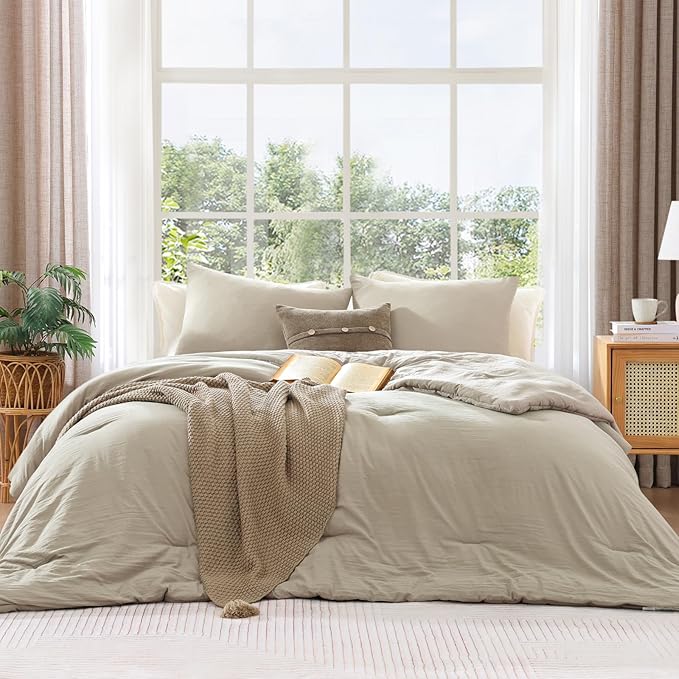 WRENSONGE Full Size Comforter Sets - 3 Pieces Light Oatmeal Comforter Prewashed Soft Lightweight for All Seasons, Fluffy Down Alternative Comforter Full Size with 2 Pillow Shams