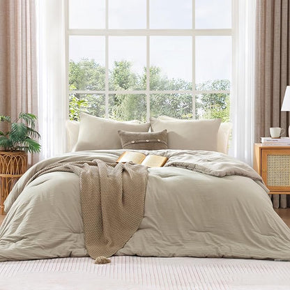 WRENSONGE Full Size Comforter Sets - 3 Pieces Light Oatmeal Comforter Prewashed Soft Lightweight for All Seasons, Fluffy Down Alternative Comforter Full Size with 2 Pillow Shams