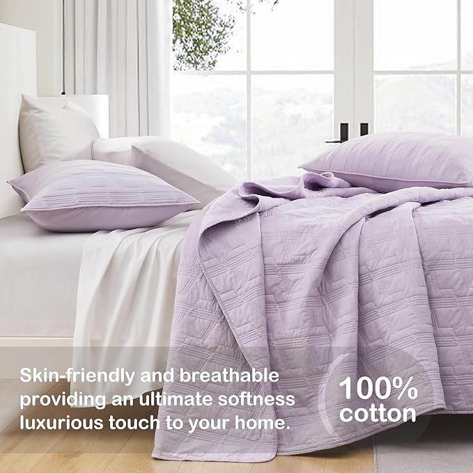 HORIMOTE HOME 100% Cotton Quilt Set King Size, Lavender Pre-Washed 3-Piece Bedspread Coverlet Set, Cozy Lightweight Stitching Decorative Bedding Cover with 2 Shams in Geometric Pattern for All Season