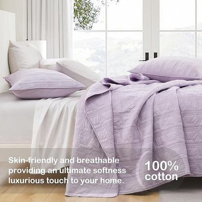 HORIMOTE HOME 100% Cotton Quilt Set Twin Size, Lavender Pre-Washed 2-Piece Bedspread Coverlet Set, Cozy Lightweight Stitching Decorative Bedding Cover with 1 Shams in Geometric Pattern for All Season