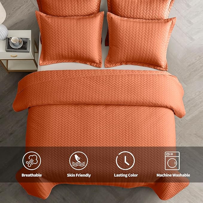 Maple&Stone Quilt Set Twin Size, Burnt Orange Lightweight Bedspread Ultrasonic Chevron Pattern Light Coverlet for All Season Comforter Bedding Decor - 2 Piece Twin Bed Cover Sets