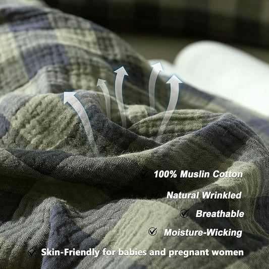 VM VOUGEMARKET Cotton Muslin Duvet Cover Queen Amy Green Plaid Bedding Set Soft Breathable Linen Like Gauze Comforter Cover with Zipper Closure for Teen Men,90"x90"