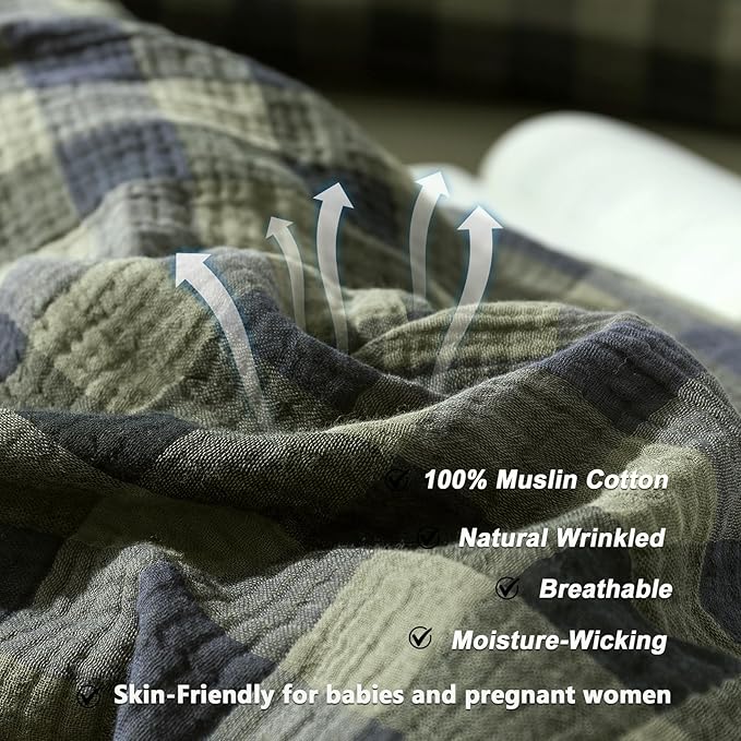 VM VOUGEMARKET Green Navy Plaid Duvet Cover King Muslin Cotton Bedding Set Soft Breathable Linen Like 3-Layer Gauze Comforter Cover with Zipper Closure for Adults-3 Pieces,104"x90"
