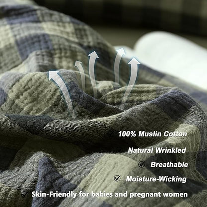 VM VOUGEMARKET Green Navy Plaid Duvet Cover King Muslin Cotton Bedding Set Soft Breathable Linen Like 3-Layer Gauze Comforter Cover with Zipper Closure for Adults-3 Pieces,104"x90"