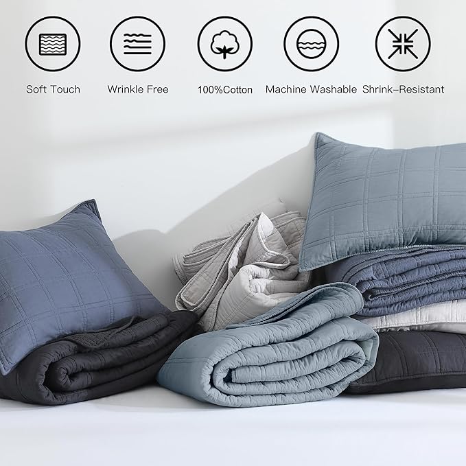 HORIMOTE HOME 100% Cotton Quilt Set King Size, Adriatic Blue Pre-Washed Bedspreads Coverlet Set in Geometric Pattern, Cozy Lightweight Stitching Decorative Bedding Cover with 2 Shams for All Season