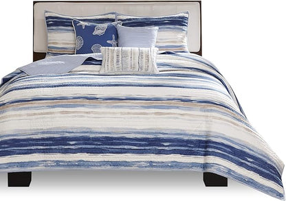 Madison Park Quilt Set Cottage Coastal Design, 6 Piece Set - All Season, Coverlet Bedspread Lightweight Bedding Layer, Shams, Toss Pillows, Full/Queen(90"x90"), Blue/White