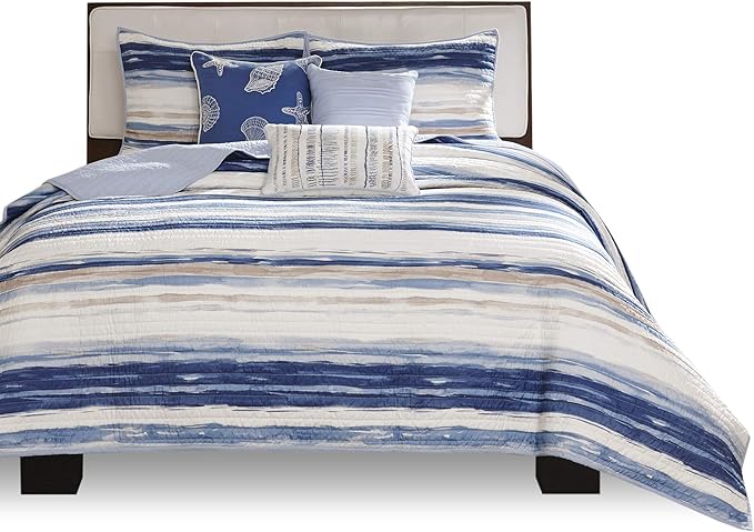 Madison Park Quilt Set Cottage Coastal Design, 6 Piece Set - All Season, Coverlet Bedspread Lightweight Bedding Layer, Shams, Toss Pillows, King/Cal King(104"x94"), Blue/White