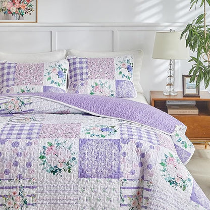 Joyreap 3 Pieces Floral Patchwork Quilt Set California King, 102x114 inches- Purple n Pink Flowers Design, Soft n Cozy Microfiber Quilt, Bedspread Bed Cover for All Season