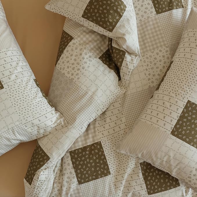 Patchwork King Size Comforter Sets Brown Gingham Floral Bedding Set Cotton Down Alternative Plaid Teen Girl Bedding Comforter Sets Boho Fluffy Cute Light Weight Bed Comforter with 2 Pillowcases