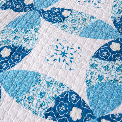 Cmfshape Blue Quilt Sets Bedspread Set 100% Cotton Patchwork Coin Pattern Bedding Set,All Season Use Lightweight Reversible Coverlet Quilts with 2 Pillow Shams(Queen 92"x96")