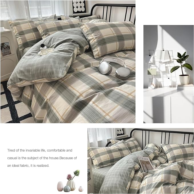 VM VOUGEMARKET Plaid Bedding Set King 100% Cotton Green Grid Duvet Cover Set,Modern Men Boy's Comforter Cover with Zipper Closure-King