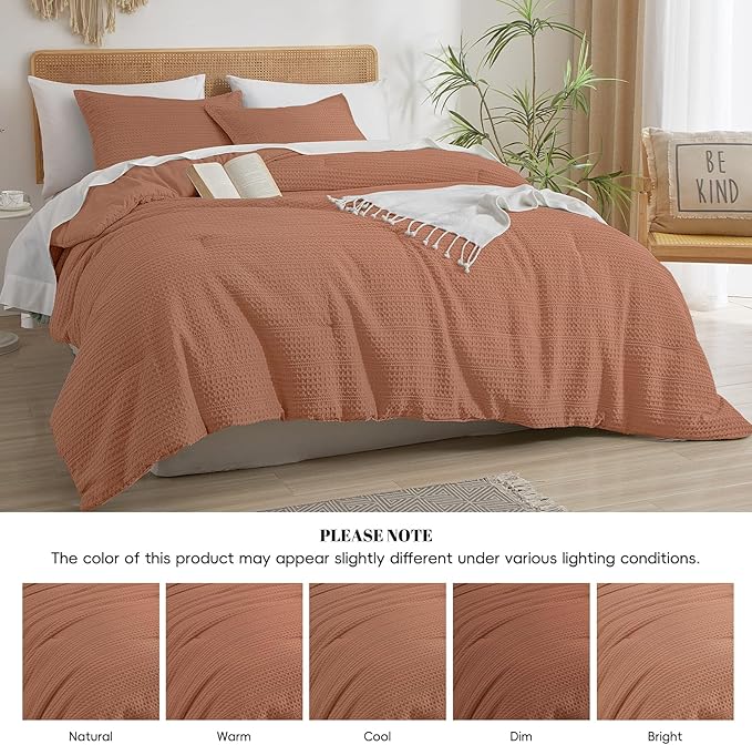 PHF Soft Waffle Comforter Set King Size- Comfy Breathable Waffle Weave Comforter with 2 Pillow Shams, 3 Pieces Less Snagging Lightweight Textured Bedding Set for All Season, Terra Cotta