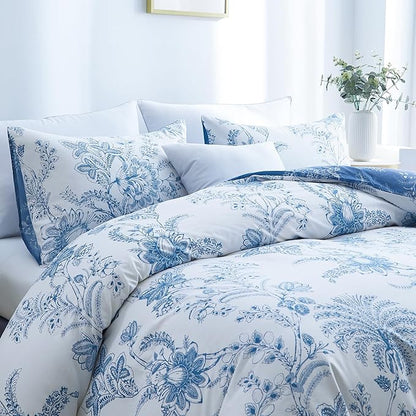 BOLINLIVING Floral King Size Comforter Set, Soft Breathable Bed in a Bag King Size 3 Pieces, Blue and White Floral Bedding Set for All Season, 1 Comforter & 2 Pillowcases