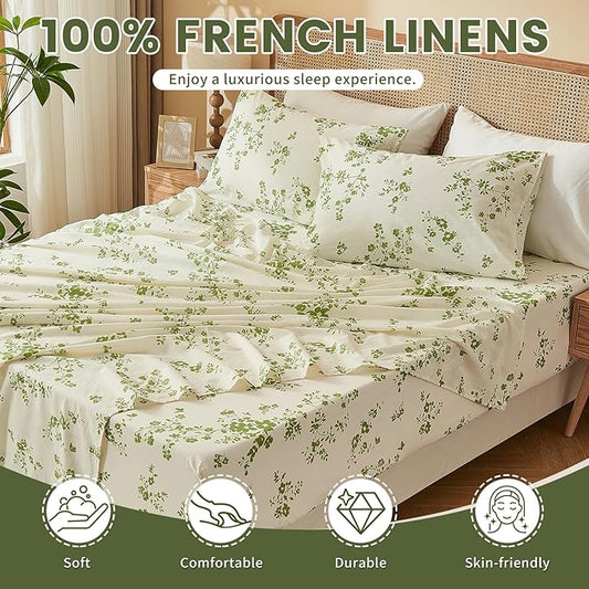 Bedlifes 100% French Linen Sheets King Size – Floral Printed, Botanical Pattern Breathable Cooling Sheet Set, 16" Deep Pocket, 4-Piece (King, Floral Green)